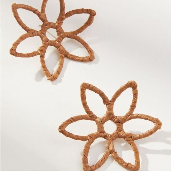 Anthropologie Large Raffia Open Flower Post Earrings-Tan Color - Picture 2 of 5
